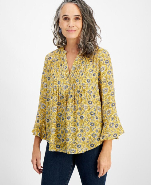 Women's Printed Pintuck Ruffle Sleeve Top, Created for Macy's