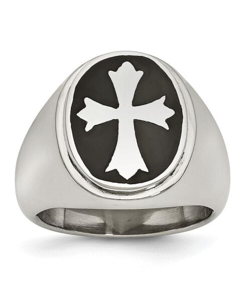 Stainless Steel Polished Black Enameled Cross Ring