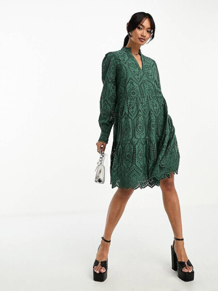 Y.A.S broderie mini smock dress in green