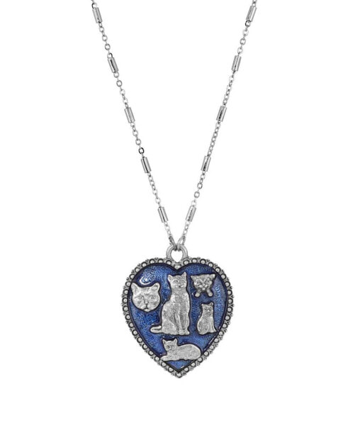 2028 enamel Blue Heart Cat Necklace