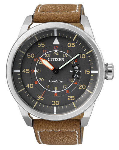 Мужские наручные часы с коричневым кожаным ремешком  Citizen AW1360-12H