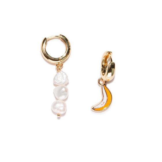 18k Gold Plated Huggies Freshwater Pearls with a Yellow Enamel Banana Charm - Nana Banana Earrings For Women