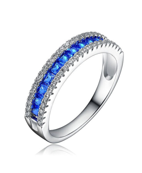Sterling Silver with Rhodium Plated and Sapphire Cubic Zirconia Band Ring