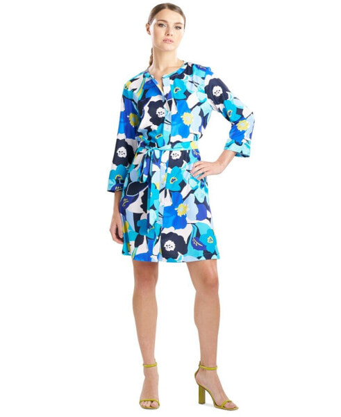 Women's Floral-Print Belted 3/4-Sleeve Dress