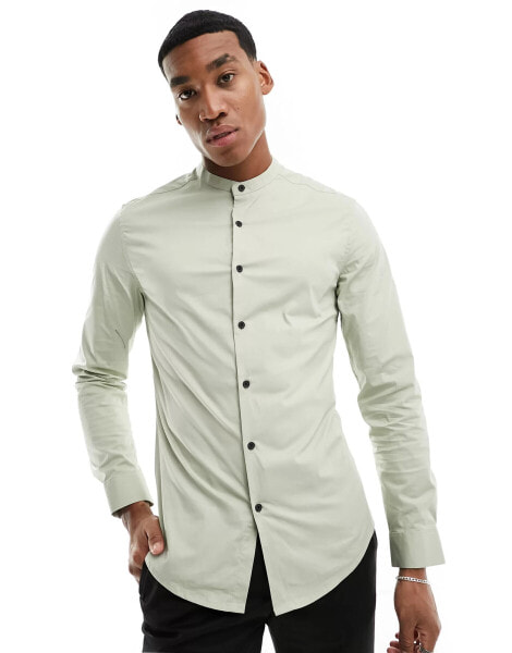 ASOS DESIGN skinny fit grandad shirt in olive green