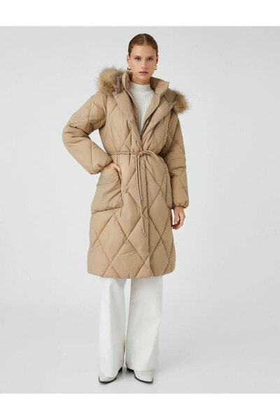 Пальто Koton Fluffy Belted Hood Coat