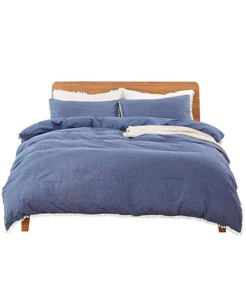 3 Piece Cotton Duvet Cover Pompom Set Queen