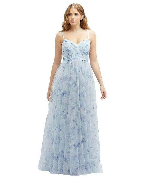 Floral Ruched Wrap Bodice Tulle Dress with Long Full Skirt