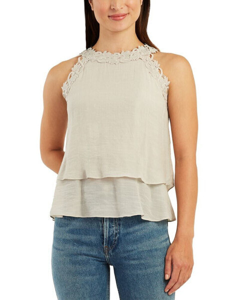 Juniors' Crochet-Trim Layered-Hem Top