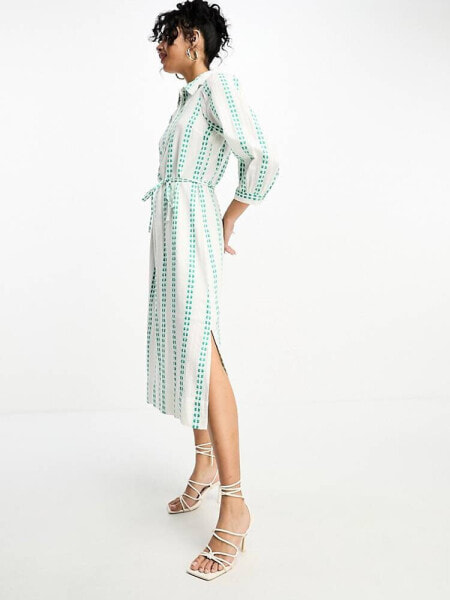 Y.A.S broderie stripe shirt midi dress in white 