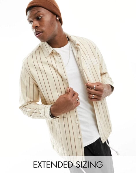 ASOS DESIGN overshirt in canvas stripe print with embroidery in beige