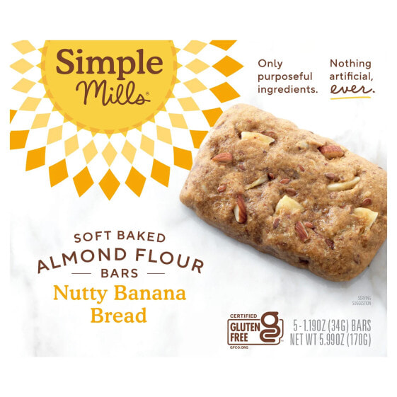 Soft Baked Almond Flour Bars, Nutty Banana Bread, 5 Bars, 1.19 oz (34 g) Each