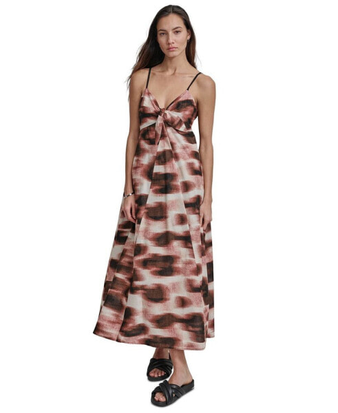 Women's Cotton Voile Printed Sleeveless Tie Dress