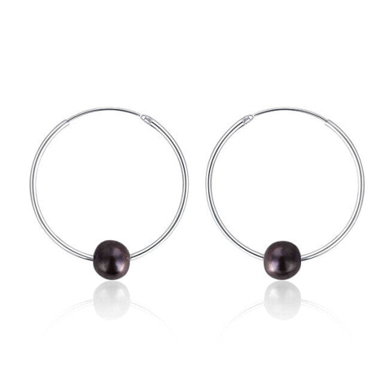 Silver earrings circles with real black pearls JL0632
