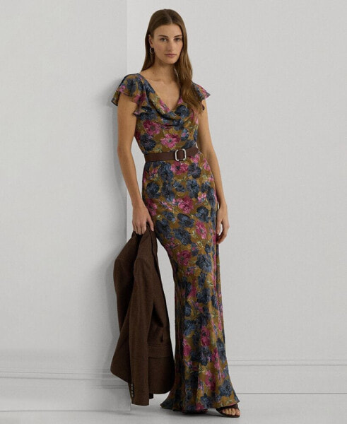 Women's Foiled Jacquard Flutter-Sleeve Gown