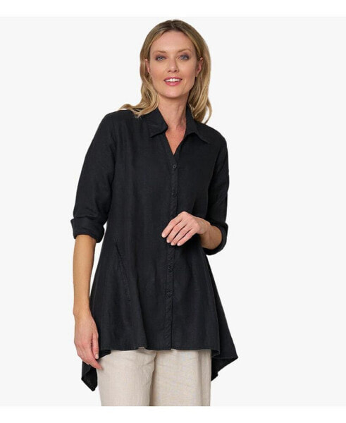 Women's Linen Long Sleeve Collared V-Neck True Form Shirt