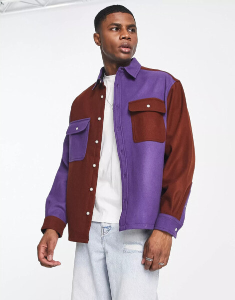 ASOS DESIGN oversized wool shirt in purple and brown cut & sew