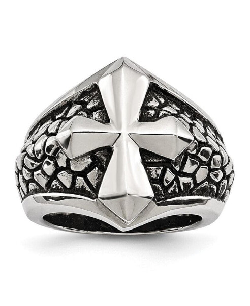 Stainless Steel Antiqued Polished and Textured Cross Ring