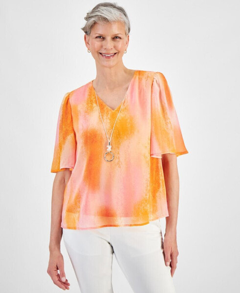 Petite Dye Dreams Flutter-Sleeve Necklace Top, Created for Macy's