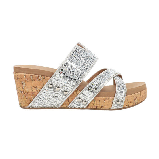 Corkys Sparkler Metallic Studded Rhinestone Wedge Womens Silver Casual Sandals