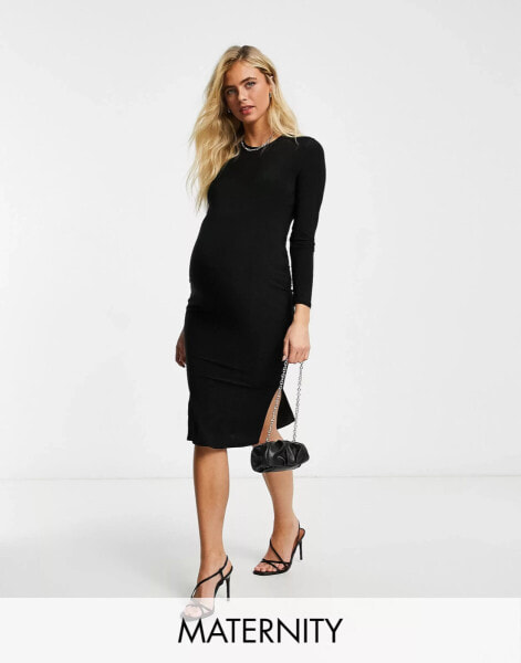 Flounce Maternity basic jersey midi dress with long sleeve in black