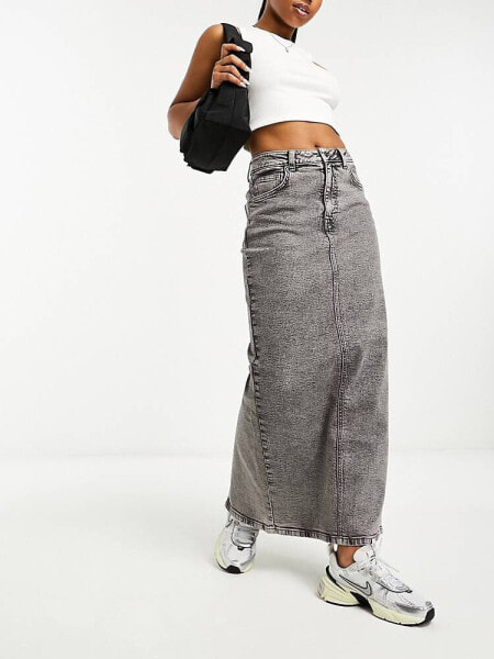 ASOS DESIGN denim maxi skirt with split hem in washed grey