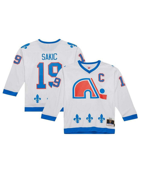 Men's Joe Sakic White Distressed Quebec Nordiques Captain Patch Vintage-Like Hockey 1994/95 Blue Line Player Jersey