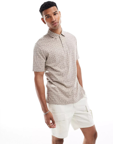 Armani Exchange polo with tonal all over lettering print in beige