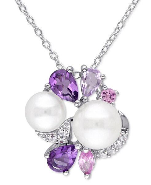 Macy's cultured Freshwater Pearl (6-1/2 & 7-1/2mm) & Multi-Gemstone (1-3/8 ct. t.w.) Cluster 18" Pendant Necklace in Sterling Silver