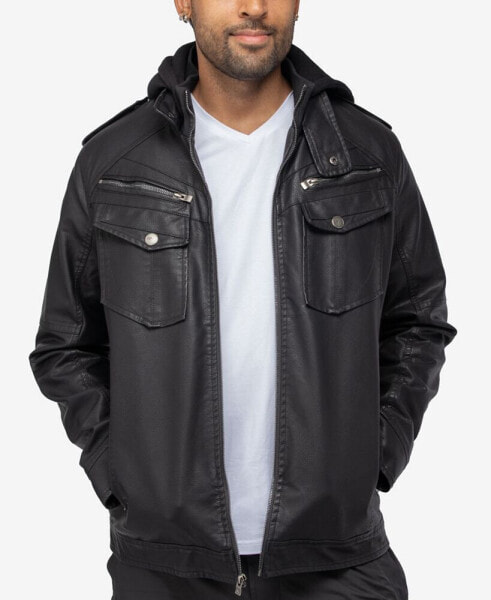 Men's Grainy Polyurethane Hooded Jacket with Faux Shearling Lining