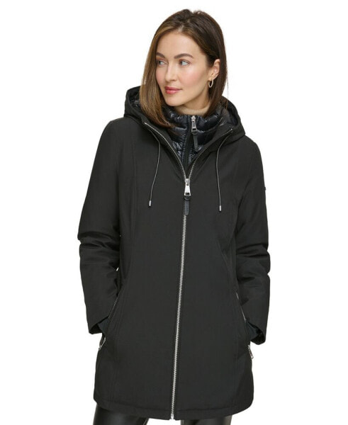 Womens Hooded Bibbed Zip-Front Puffer Coat