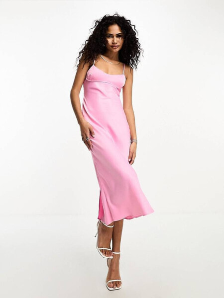 Only satin slip midi dress in pink