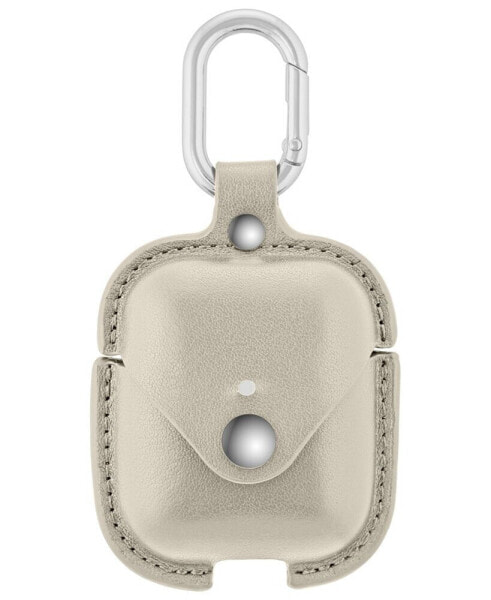 Gray Leather Apple AirPods Case with Silver-Tone Snap Closure and Carabiner Clip