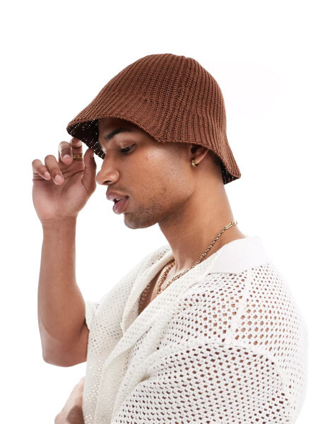 ASOS DESIGN knitted bucket hat in brown