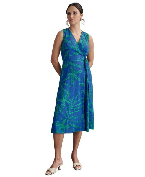 Women's Palm-Print Textured Wrap Midi Dress