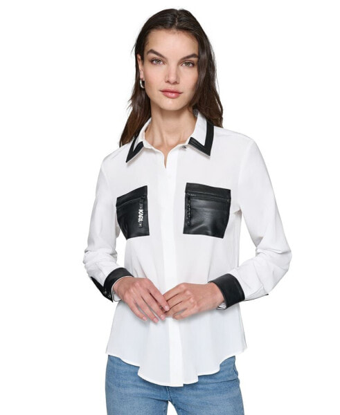 Women's Faux-Leather-Trim Button-Front Top