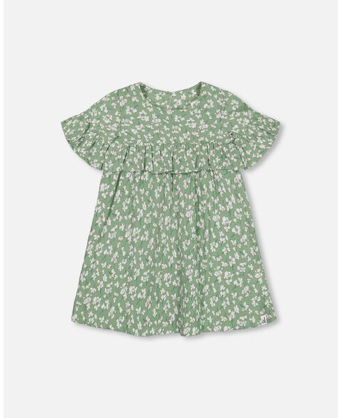 Baby Girl Muslin Dress With Frill Green Jasmine Flower Print - Infant