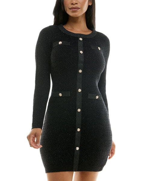 Juniors' Ribbed Long-Sleeve Faux-Button Sweater Dress