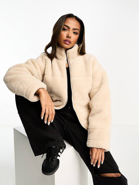 Wednesday's Girl borg funnel neck puffer jacket in cream