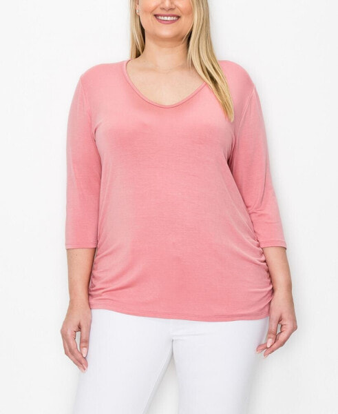 Plus Size V-neck Side Ruched 3/4 Sleeve Top