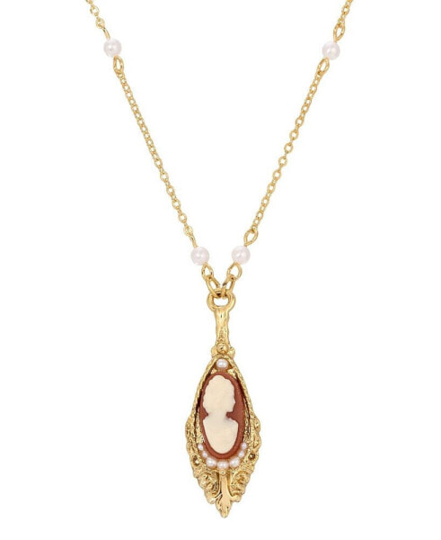 14K Gold-tone Carnelian Cameo Drop Imitation Pearl Chain Necklace