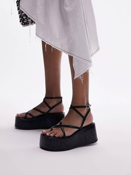 Topshop Wide Fit Greta strappy flatform sandal in black lizard