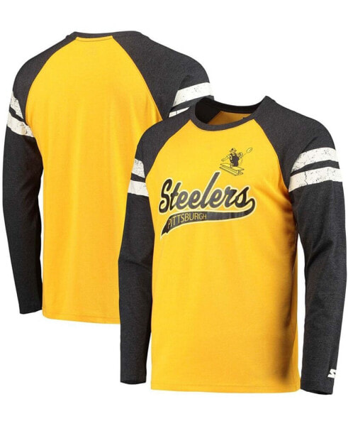 Men's Gold-Tone, Black Pittsburgh Steelers Throwback League Raglan Long Sleeve Tri-Blend T-shirt