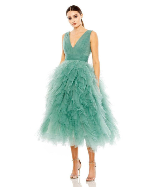 Women's Ruffled V-Neck A Line Tulle Dress