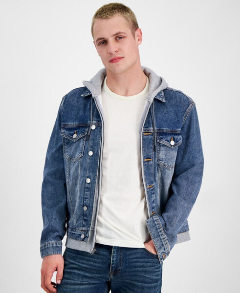 Men's Layered-Look Full-Zip Hooded Denim Utility Jacket, Created for Macy's