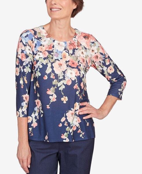 Petite A Fresh Start Floral Garden Pleated Crew Neck Top