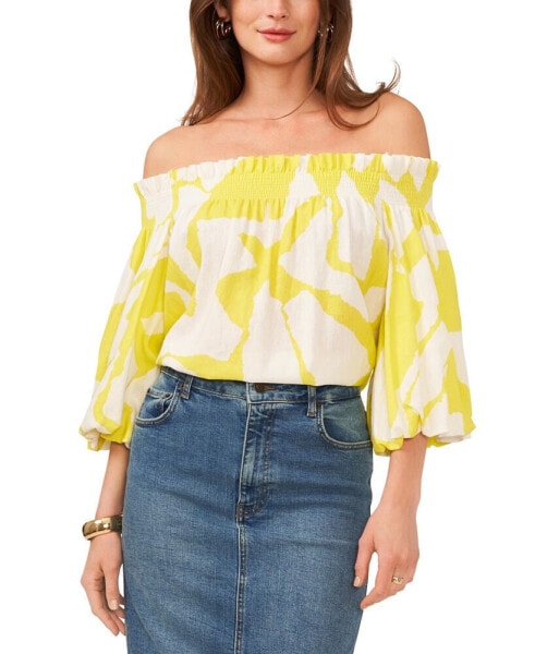 Women's Printed Off-The-Shoulder Blouson-Sleeve Top