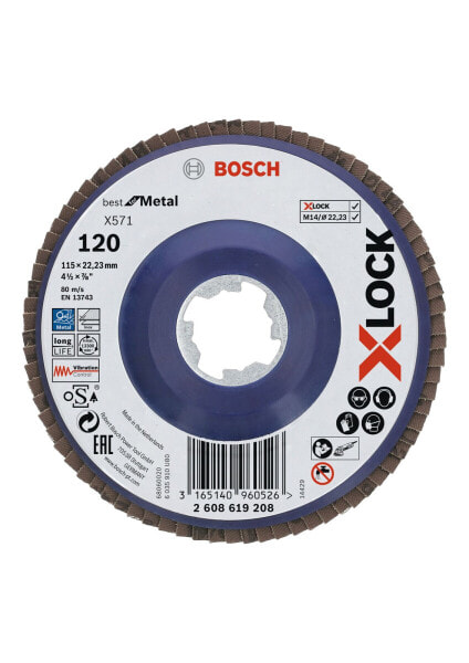 Bosch X-LOCK Fächerschleifscheibe, gerade Ausführung, Kunststofftragplatte, Ø115 mm, K 120, X571, Best for Metal, 1 Stück D = 115 mm; K = 120, gerade