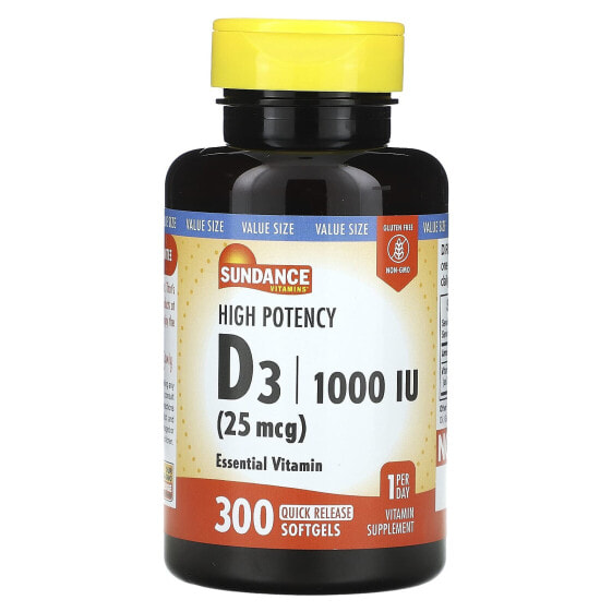 Витамин D Sundance Vitamins, Новая формула, 25 мкг (1,000 МЕ), 300 быстрорастворимых гелевых капсул