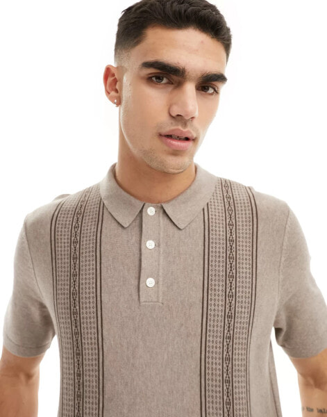 Abercrombie & Fitch front blocked stripe knit polo in tan